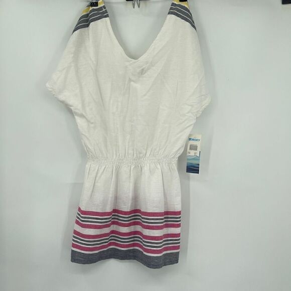 Roxy Women's Short Sleeve V-Neck Striped Linen Mini Dress White Size S NWT - Picture 3 of 5
